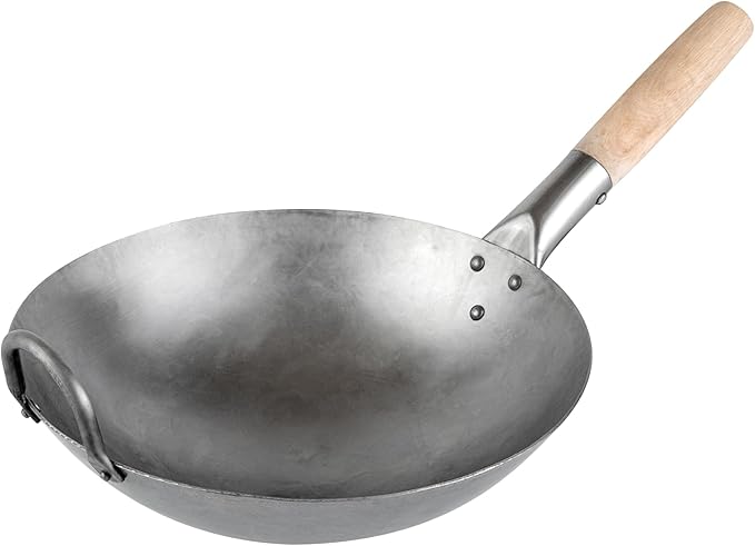 Motomori 12 Inch Hand-Hammered Carbon Steel Wok, 1 Traditional Japanese Wok - Round Bottom, Wooden Handle, Black Carbon Steel Traditional Stir Fry Pan, With Helper Handle - Restaurantware