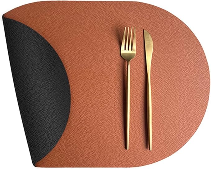 Set of 1/4 Faux Leather PU Placemats Black Oval Round Dinning Table Mats Wipeable Plate Round Mats Nordic Style(DS Brown Black,44x30cm 4pcs)