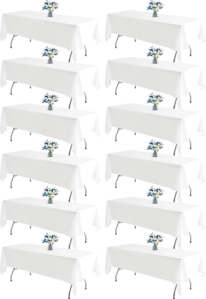 BIGTONE 12 Pack 60x122 Inch White Rectangle Table Covers, Fabric Tablecloth with Cross Ribbon Packing Right Fit 8Ft Table Not obstructing The Legs, Polyester Cover for Wedding, Party, Banquet
