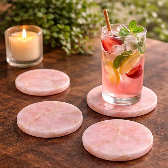 Set of 4 Natural Rose Quartz Coasters – Crystal Stone Drink Coasters for Coffee Table Decor, Serveware, Wine & Bar Coasters, Wedding Gift, Table Organizers, Housewarming Gifts, Gifts for her