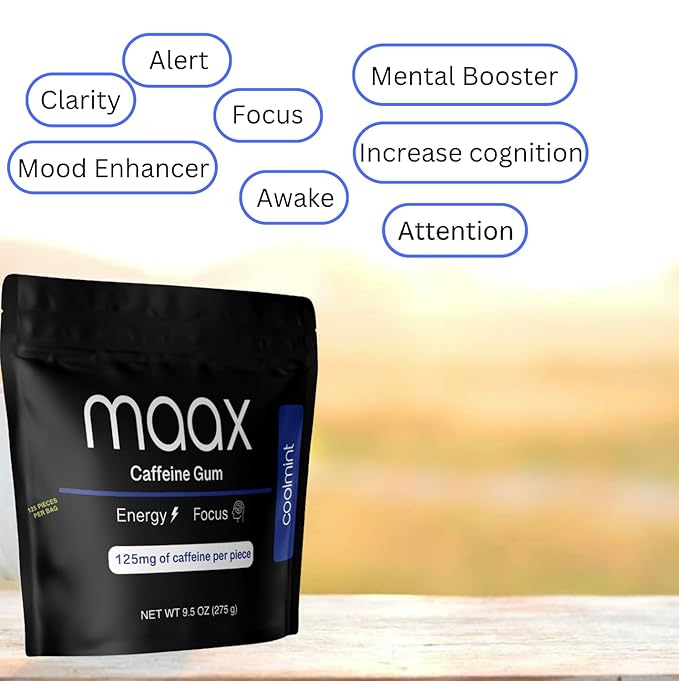 Maax Caffeine Energy Gum | Focus Gum | 125mg of caffeine per piece | Coolmint | 125 total pieces per bag