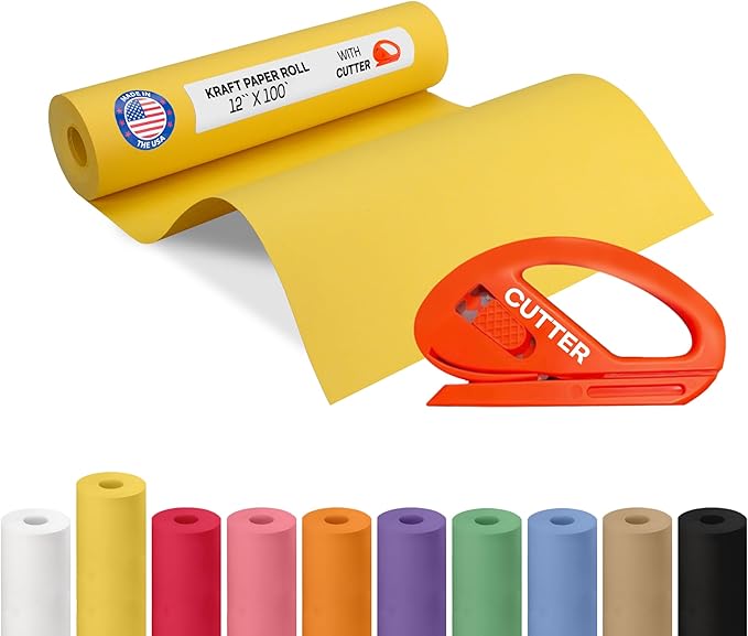 Yellow Kraft Paper Roll 12" x 1200" (100 feet) with Cutter - USA-Made Wrapping Paper for Packing, Moving, Shipping & Crafts/Arts - 100% Recyclable Natural Craft Material by IDL Packaging