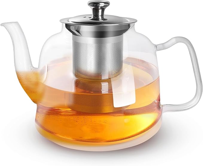 Glass Teapot with Infuser and Lid, 1300ml/43oz Borosilicate Glass Teapot with Stainless Steel Mesh Infuser for Loose Leaf & Blooming Tea, Stovetop & Microwave Safe
