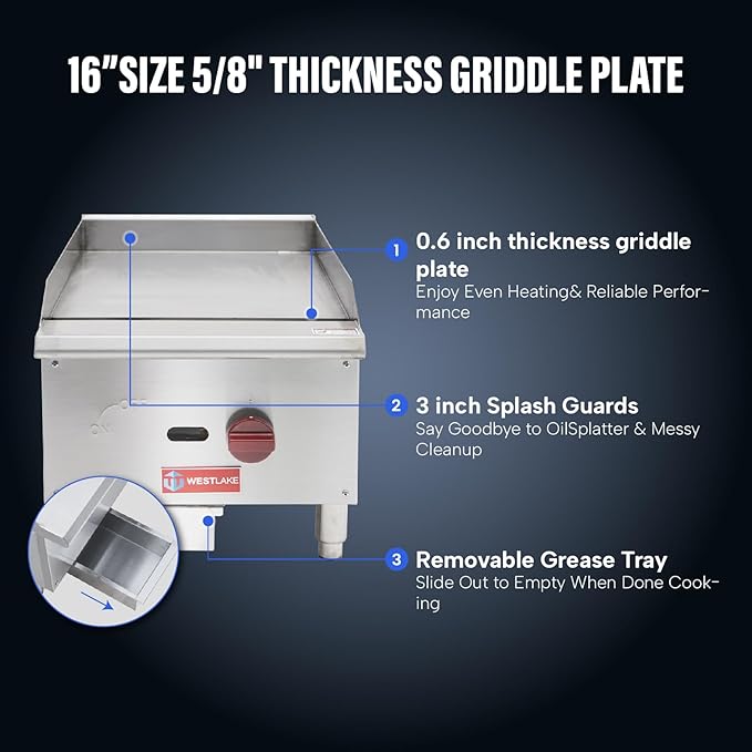 WESTLAKE 16"W Commercial Gas Griddle Countertop Natural Gas and Propane Griddle with Single Burners 30,000 BTU, Stainless Steel Plate Grill for Restaurants
