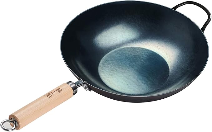 臻三环 ZhenSanHuan HandHammered Iron Wok Flat Bottom Induction Suitable (34CM Wood Handle with Help)