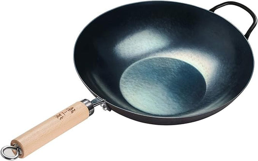 臻三环 ZhenSanHuan HandHammered Iron Wok Flat Bottom Induction Suitable (34CM Wood Handle with Help)
