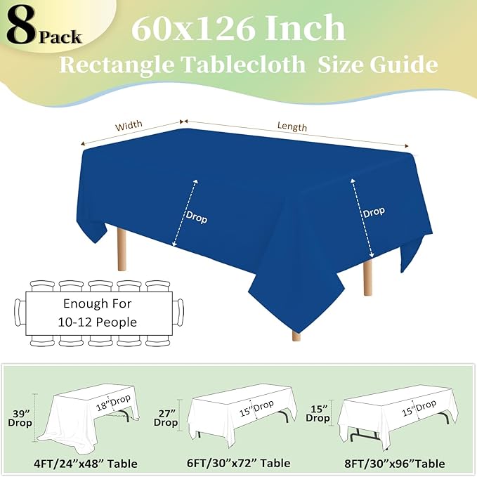 8 Pack Royal Blue Table Cloth 60x126 Inch Rectangle Tablecloths for 8 Foot Rectangle Tables, Wrinkle Resistant Washable Polyester Fabric Rectangular Table Cover for Dining Banquet Wedding Party