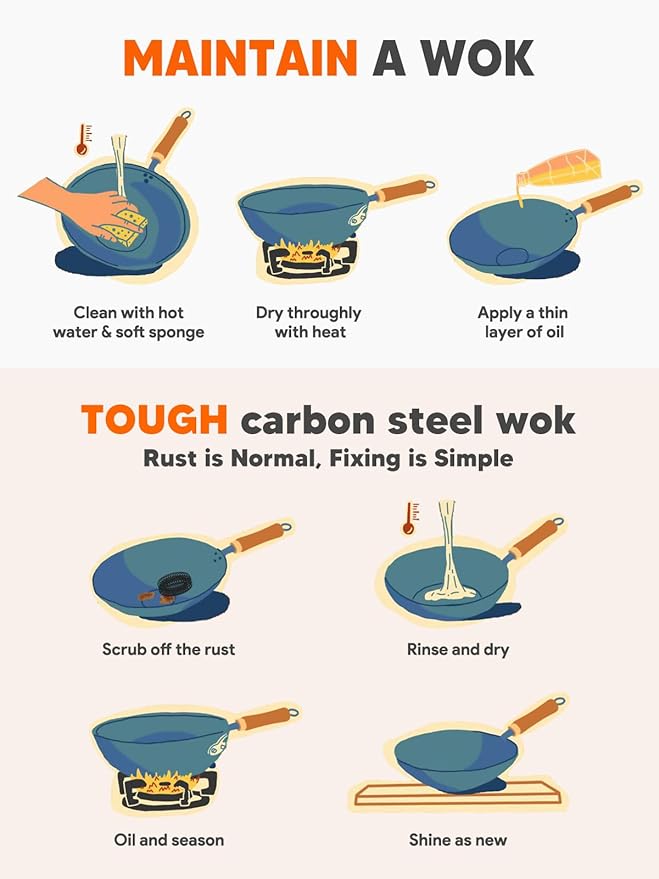 Carbon Steel Wok, 9.5" Bi-Thickness Authentic Chinese Woks & Stir-Fry Pans, Saute Pan with Lid, Deep Fry Pan Flat Bottom Small Wok for 1-2 Servings