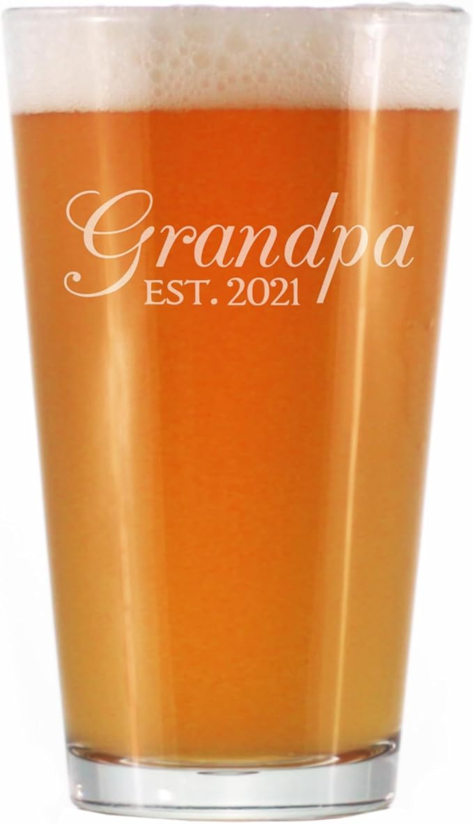 Bevvee Grandpa Est 2021 - New Grandfather Pint Glass Gift for First Time Grandparents - Decorative 16 Oz Glasses