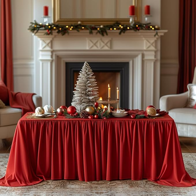 6 Pack Red Rectangle Tablecloth with Elastic Table Skirt – 6FT Fitted Spandex Table Cover, 72 Inch Wrinkle-Resistant & Stretchable for Christmas Wedding Banquet Party Buffet Restaurant