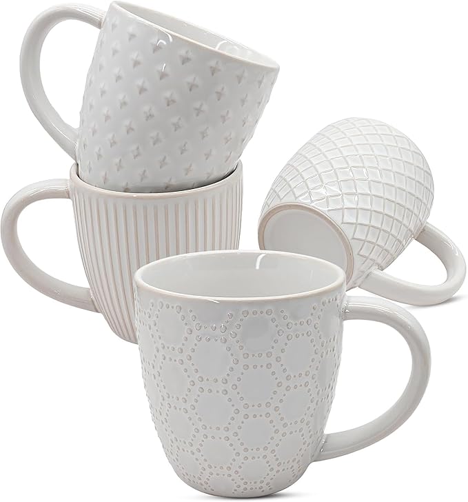 14oz Embossed Ceramic Coffee Cups - Set of 4, Lead-Free Microwave & Dishwasher Safe Coffee Mugs for Home Office Café Tea Cocoa