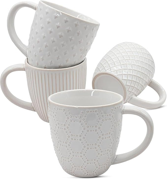 14oz Embossed Ceramic Coffee Cups - Set of 4, Lead-Free Microwave & Dishwasher Safe Coffee Mugs for Home Office Café Tea Cocoa