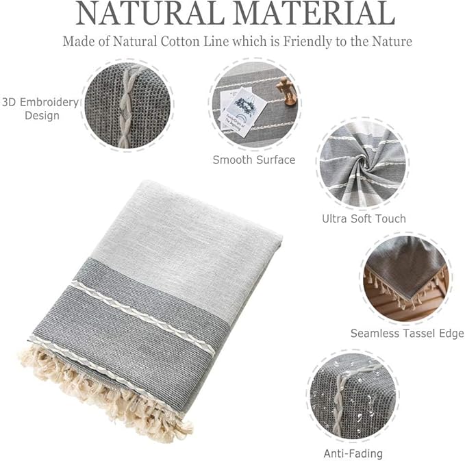 Pahajim Striped Tablecloth Rectangle with Tassels Thick Linen Cotton Table Cloth for Outdoor Picnic Dining and Holiday Kitchen Decor Rectangle/Oblong,55''x71'', 4-6 Seats
