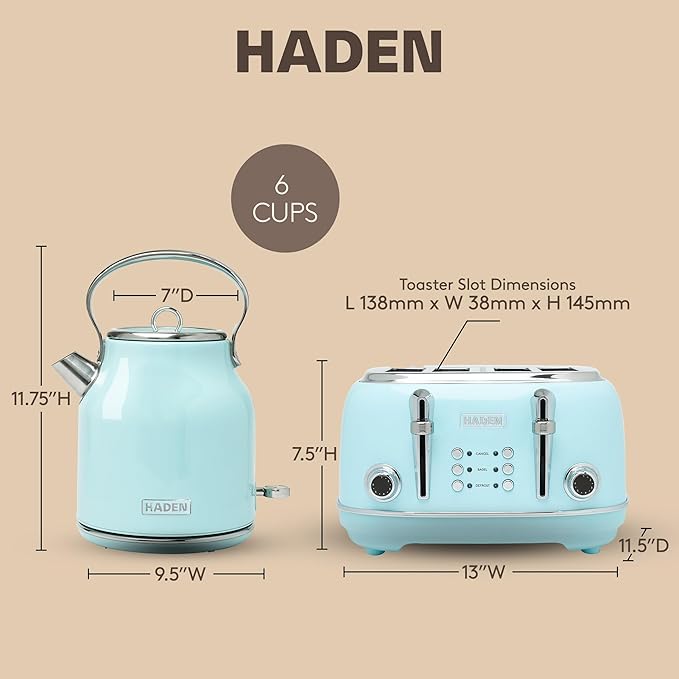 Haden Heritage 4 Slice Wide Slot Stainless Steel Toaster Bundled with 1.7 Liter Stainless Steel Electric Water Kettle, Turquoise & Chrome