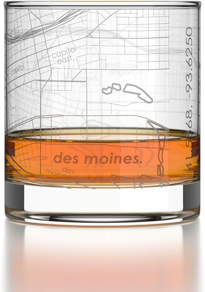 Well Told Engraved Des Moines Iowa Map Rocks Glass, Old Fashioned Glassware (11 oz, Clear) Etched Bourbon Tumbler, Gifts For Whiskey Lovers