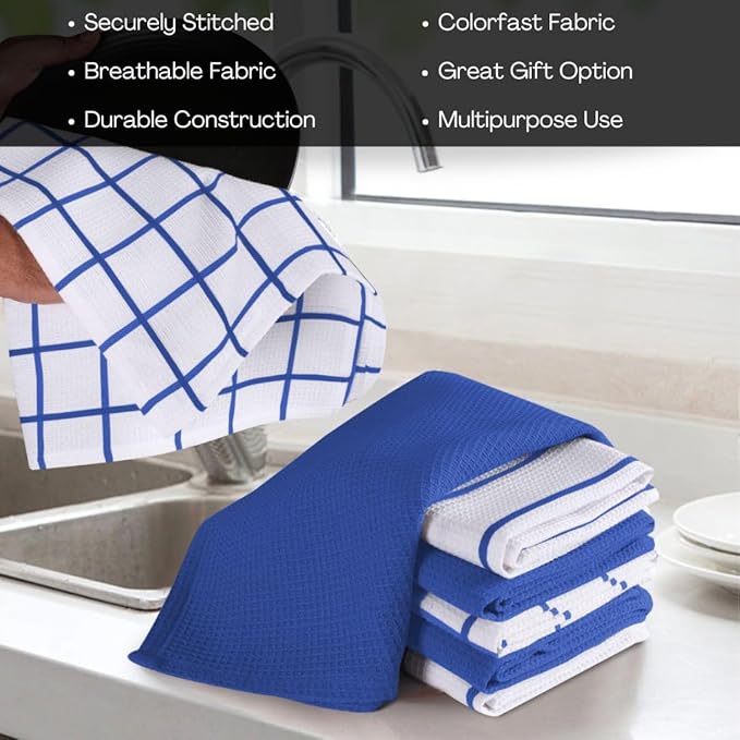 Assorted Waffle Kitchen Dish Towels 100% Cotton Set of 6, Soft Absorbent Quick Drying Table and Kitchen Linen, Tea Towels and Cleaning Towels with Hanging Loop, Dish Towels 15x25 Blue