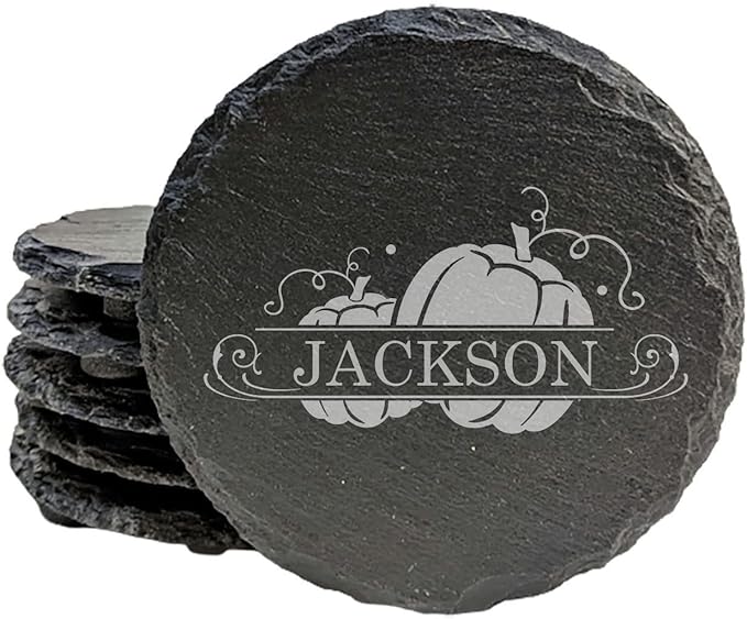 Personalized Monogram Family Coasters, Natural Stone Set, Birthday, Wedding, Customized, Rustic - Round Slate - Set of 6