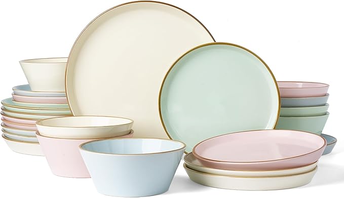 Famiware Saturn Stoneware Dinnerware Sets for 8 (24 Pieces), Ceramic Plates and Bowls Dish Sets with Hand-Painted Trim - Chip & Scratch Resistant, Microwave & Dishwasher Safe Tableware, Multi-color
