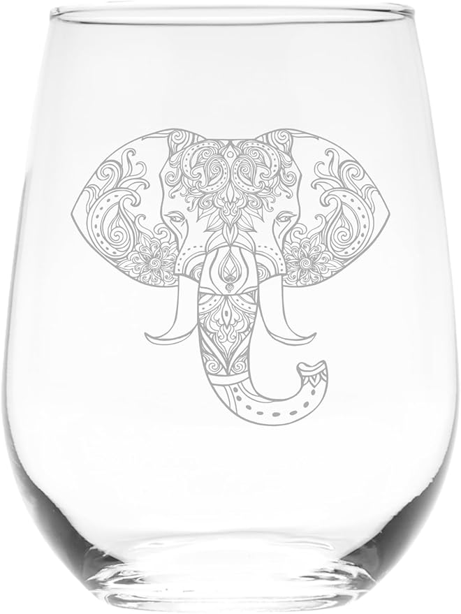C M Elephant Stemless Wine Glass, 17 oz - Elephant Themed Gift for Men and Women - 1 Piece (Style E1)
