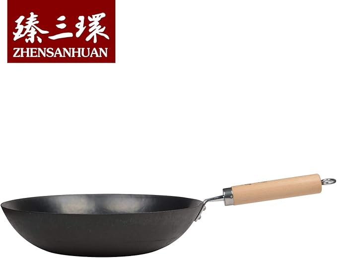 臻三环 ZhenSanHuan HandHammered Iron Wok Flat Bottom Induction Suitable (32CM Wood Handle)