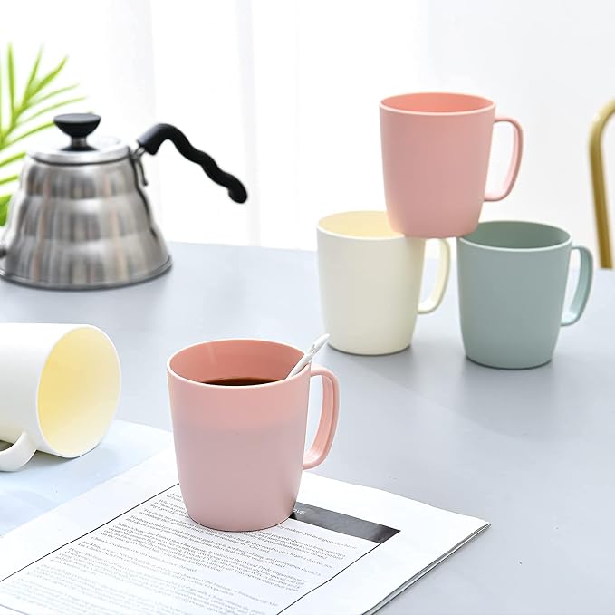 Coffee Mugs Set of 5, 10 Ounce Unbreakable Plastic Cups With Handle, 3 Basic Colors, Dishwasher Safe