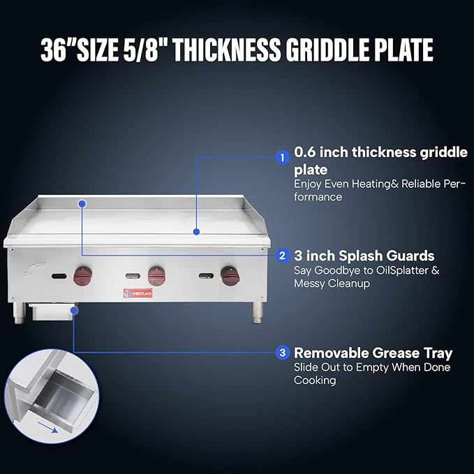 WESTLAKE 36"W Commercial Gas Griddle Countertop Natural Gas and Propane Griddle with 3 Burners 90000 BTU, Stainless Steel Plate Grill for Restaurants