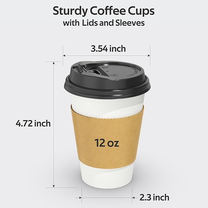 100 Pack 12 oz Disposable Coffee Cups with Lids and Sleeves, Sturdy Thick Paper & Leak-free Insulated to Go Paper Hot Coffee Cups for Hot & Cold Beverage