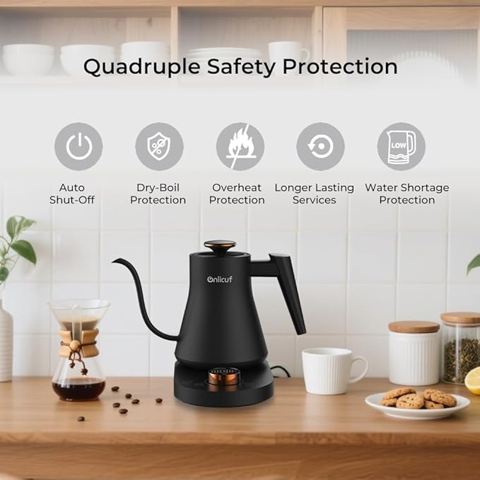 Gooseneck Electric Kettle with 7 Presets & ±1°F Precision Temperature Control, Pour Over Coffee & Tea Kettle, Hot Water Boiler, 100% Stainless Steel Inner, 1000W/0,8L, Matte Black