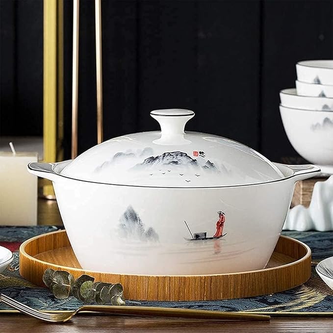Dinnerware Set, Plates and Bowls Sets, Chinese Style Porcelain Set Dinner Dishes Set Plates/Bowls/Spoons and Soup Pot Service for 12, 60-Piece