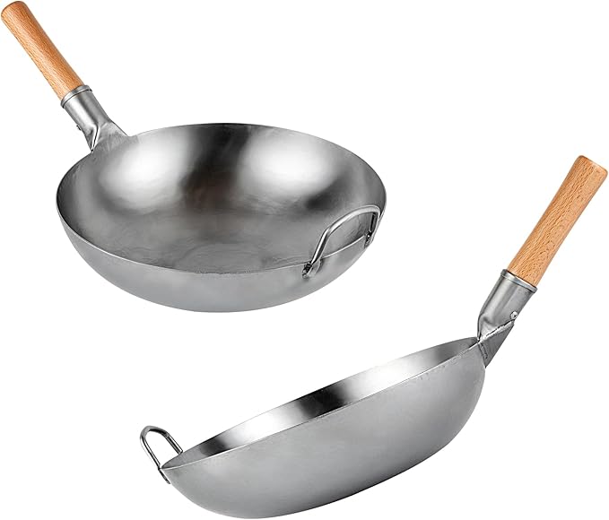 Motomori 14 Inch Hand-Hammered Carbon Steel Wok, 10 Traditional Japanese Wok - Flat Bottom, Wooden Handle, Black Carbon Steel Traditional Stir Fry Pan, With Helper Handle - Restaurantware