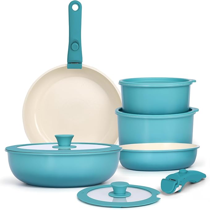 GIPP 11pcs Pots and Pans Set Non Stick, Nonstick Cookware Set Detachable Handle,Ceramic Pots for Cooking Non Stick with Removable Handle, RV Cookware Set, Light Blue Gradient