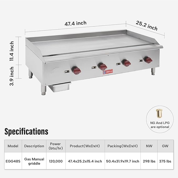 WESTLAKE 48"W Commercial Gas Griddle Countertop Natural Gas and Propane Griddle with 4 Burners 120000 BTU, Stainless Steel Plate Grill for Restaurants