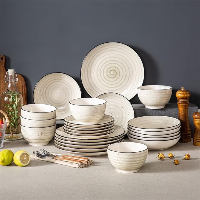 Beige 24/48-Piece Handpainted Spirals Stoneware Dinner Combi-Set with Bowl,Dessert Plate,Soup Plate,Dinner Plate(48pcs)