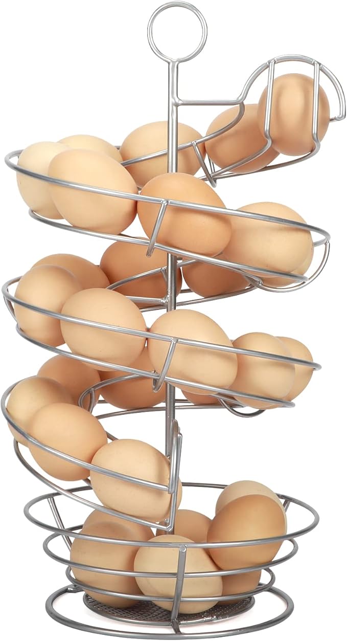 QUTREY Silver Metal Egg Holder Countertop, Spiral Design Egg Skelter Dispenser Rack with Egg Storage Basket for Kitchen
