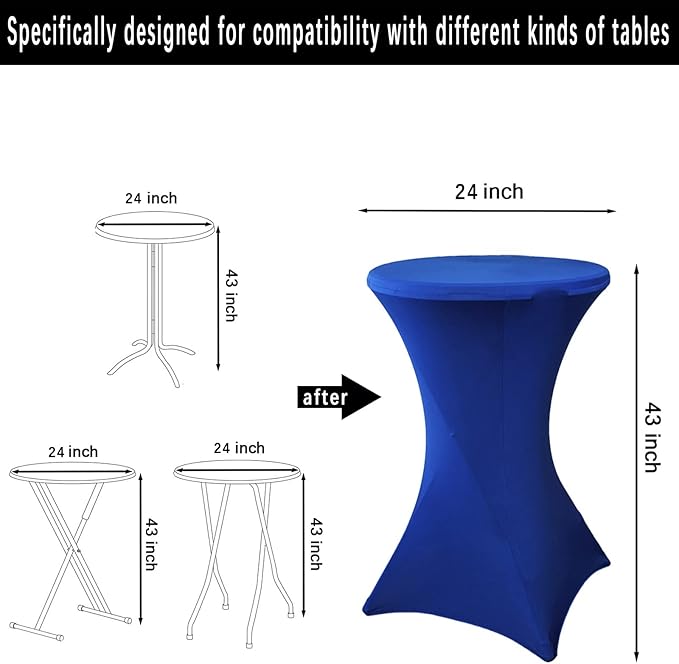 2 Pack 24x43 Inch Royal Blue Cocktail Tablecloth Spandex Round Fitted Table Cover for Wedding Banquet Event Party