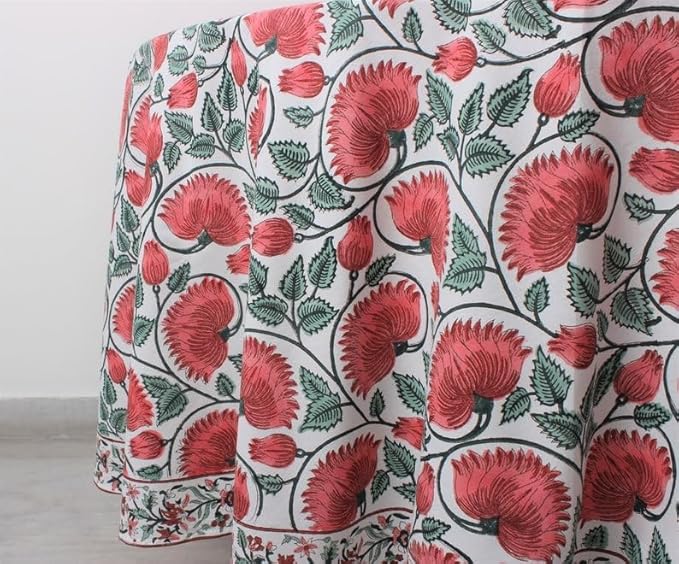 Ridhi Block Print Round Turquoise Green Reusable Tablecloth 100% Cotton 60" Inch Decorative Table Cover eveyday Dining, Home, Party, Wedding, Farmhouse Gift for Spring, Easter, Valentine