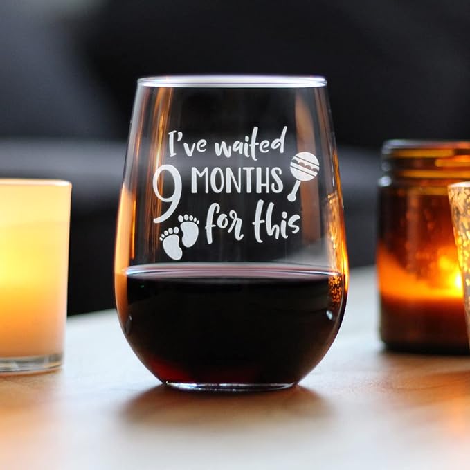 Bevvee Waited 9 Months For This - Funny New Mom Stemless Wine Glass - Push Presents for Expectant Moms and Post Pregnancy Gifts - Large 17 Ounce