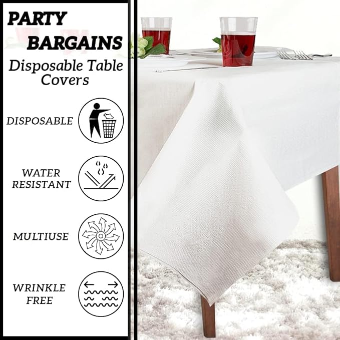 PARTY BARGAINS Disposable Table Covers, 54 x 108 Inch, White, 3-Ply Paper & Plastic Spill-Resistant Party Tablecloths, 5 Pack