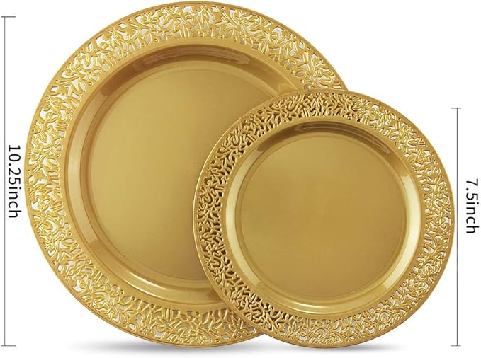 I00000 102 PCS Brown Gold Plastic Plates, Lace Design Disposable Plates, BPA Free Plates Includes: 51 Dinner Plates 10.25 Inch and 51 Salad/Dessert Plates 7.5Inch for Wedding and Party