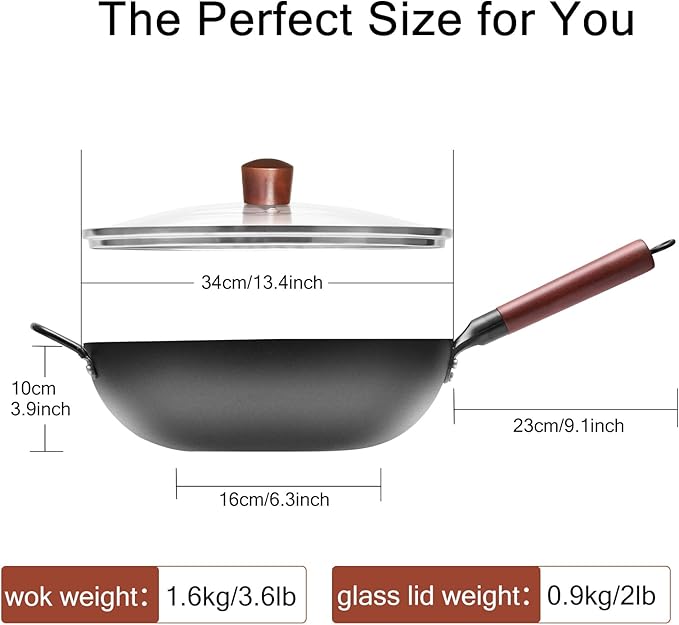 WANGYUANJI Carbon Steel Wok with Lid, 13.4" Hand Hammered Stir Fry Pan with Detachable Wooden Handle, Flat Bottom Wok Pan for Electric, Induction & Gas Stoves, No Coating (Black)