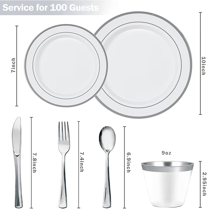N9R 600PCS Silver Disposable Plastic Plates, Silver Plastic Dinnerware Set Includes 100 Dinner Plates, Dessert Plate, Cups, Spoons, Forks, Knives for 100 Guests, Perfect for Party, Wedding, Birthday
