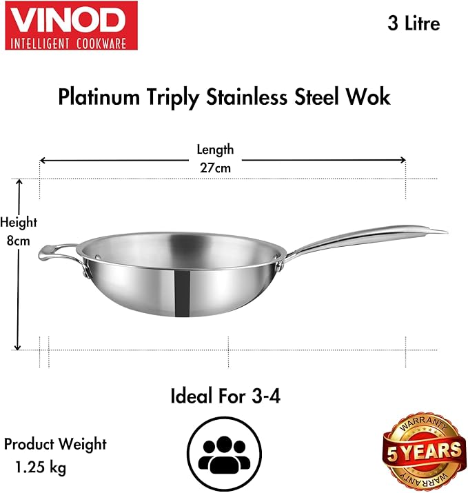 Vinod Platinum Triply Stainless Steel Wok - 3 Litre, 26 cm | Riveted Handle | Stir, Shallow Fry/Noodles/Curry/Fried Rice | Induction Base | - Silver