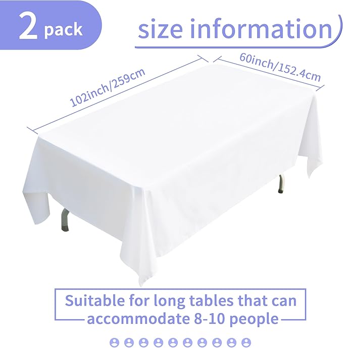 BIGTONE 2 Pack Polyester Tablecloth White 60 x 102 Inch, Wrinkle Resistant Table Cloth for 6 Feet Rectangle Tables, Stain and Washable Table Cover for Dinning Wedding Banquet Restaurant Party