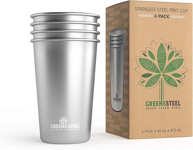 #1 Premium Stainless Steel Cups 16 oz Pint Cup Tumbler (4 Pack) By Greens Steel - Premium Metal Cups - Stackable Durable Cup