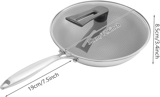 Stainless Steel Honeycomb Wok, Non-stick Cooking Frying Pan with Lid, Stir-fry Pan for Gas Stoves, Concave Induction, Ceramic, Electric Stoves (12.6 * 3.4in)