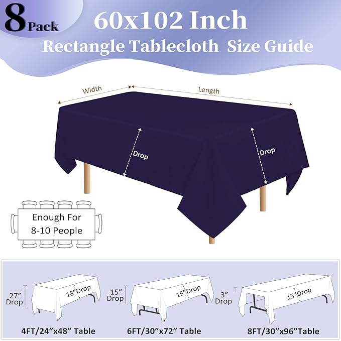 8 Pack Purple Tablecloth 60x102 Inch Rectangle Table Cloth for 6 Foot Rectangle Tables, Wrinkle Resistant Washable Polyester Fabric Rectangular Table Cover for Dining Banquet Wedding Party