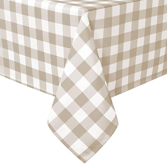 Hiasan Checkered Tablecloth Rectangle, 70 x 140 Inch - Waterproof, Wrinkle Resistant and Washable Gingham Table Cloth for Outdoor Picnic, Kitchen and Holiday Dinner, Khaki and White