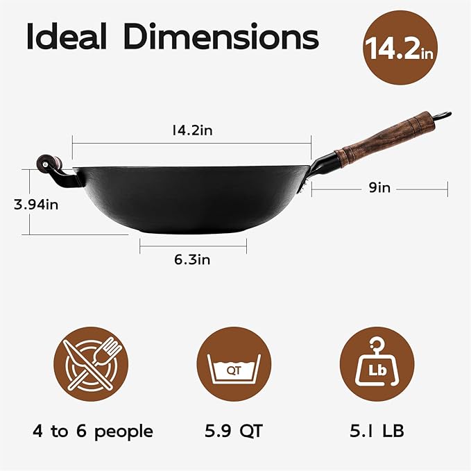 WANGYUANJI 14.2 Inch Cast Iron Wok with Wooden Lid and Stainless Steel Spatula, Large Capacity Flat Bottom Chinese Stir Fry Pan, Non-Toxic Uncoated Cast Iron Wok for Induction, Gas and Electric Stoves