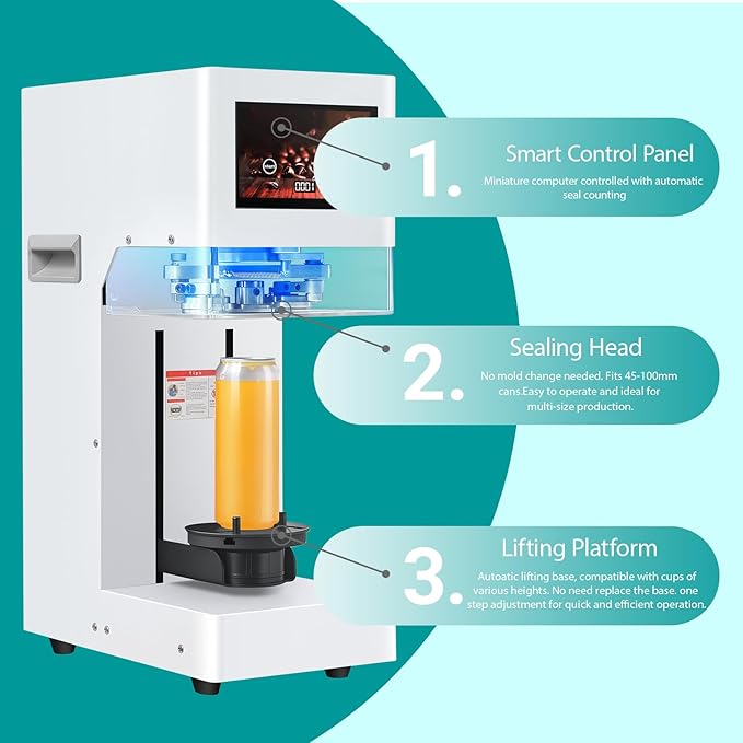 Commercial Soda Can Sealer Machine, Automatic Canning Machine for Aluminum & Plastic Cans, Touch Screen Operation, Auto-Detect Height, No Need Cup Mat for Homebrew, Craft Beer, Kombucha (White)