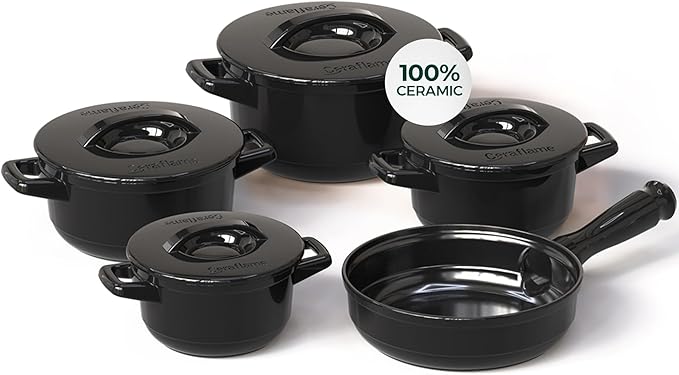 Pure Ceramic, Healthy, Non Toxic Cookware Set - Oven Safe Up to 1200F, Microwave and Dishwasher Safe, Longlasting and Lightweight - PFAS, PTFE, PFOA, PFOS - Black